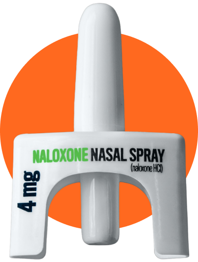 naloxone spray container against orange dot